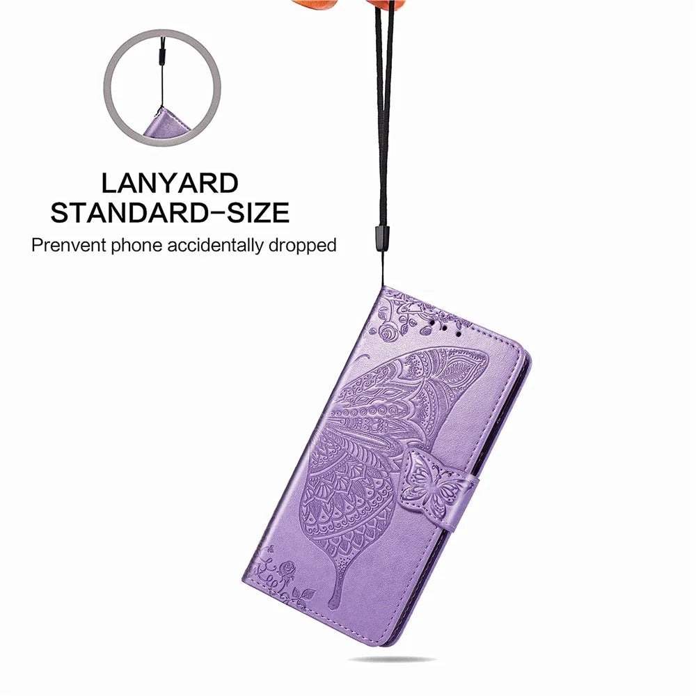 For Samsung Galaxy Z Fold4 5G Drop-proof Flip Cover PU Leather Book Wallet Case Imprinted Butterfly Pattern Stand Magnetic Clasp Phone Shell with Wrist Strap - Light Purple - 6