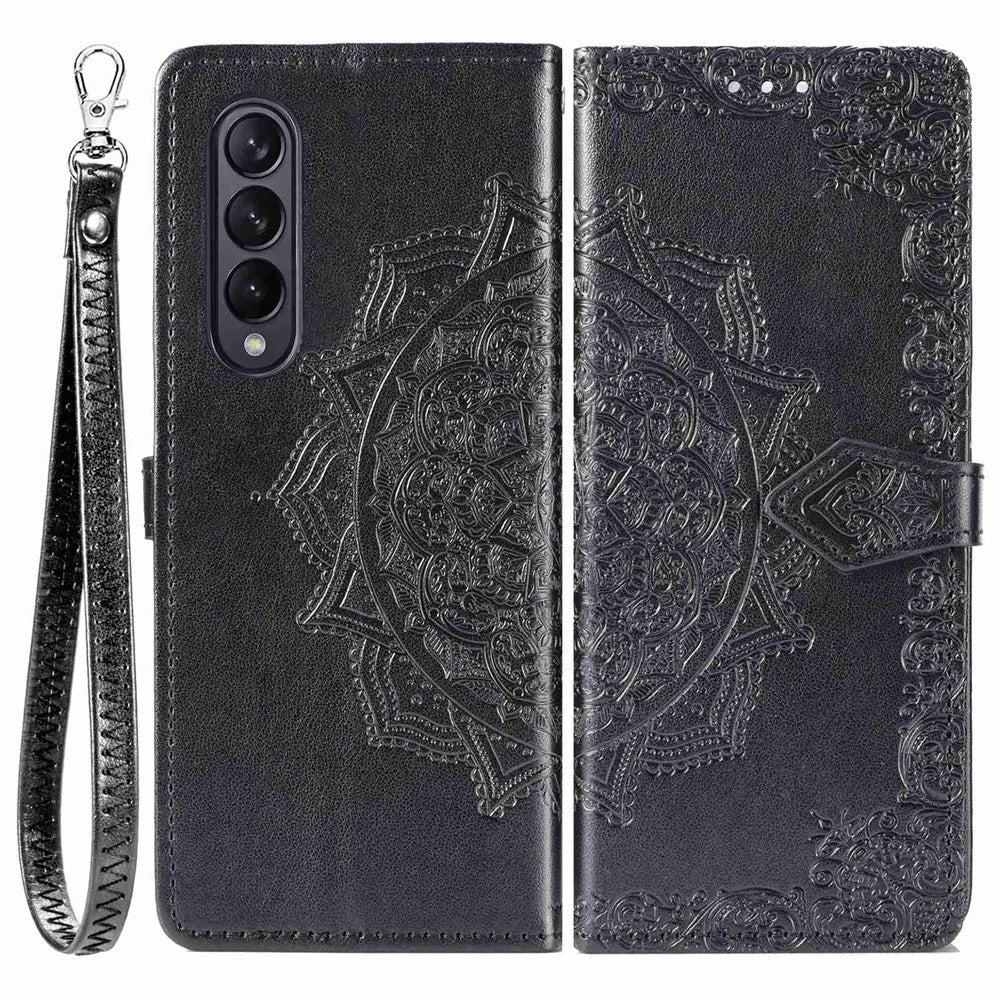 For Samsung Galaxy Z Fold4 5G Shockproof Flip Wallet Cover Embossed Mandala Pattern Folding Stand PU Leather Case with Hand Strap - Black - 1