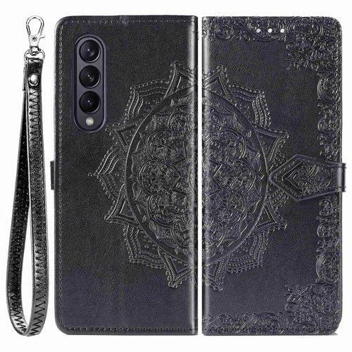 For Samsung Galaxy Z Fold4 5G Shockproof Flip Wallet Cover Embossed Mandala Pattern Folding Stand PU Leather Case with Hand Strap - Black - 1