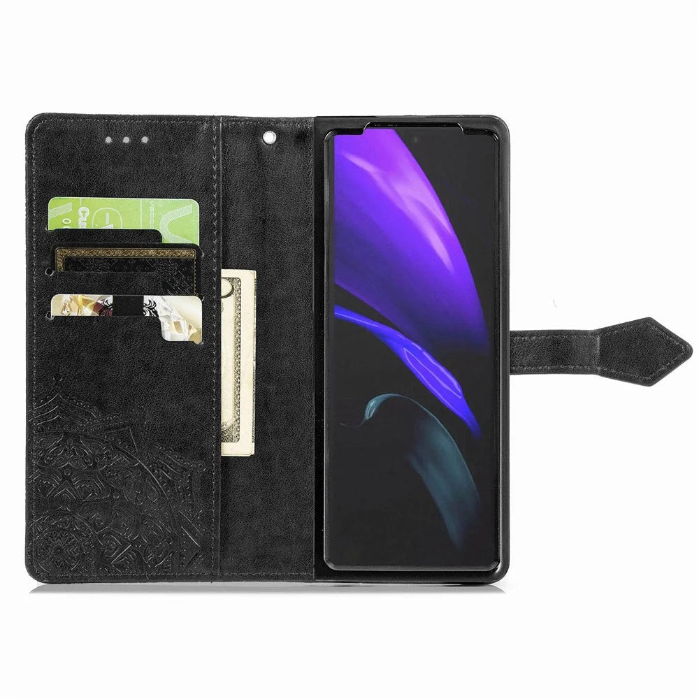 For Samsung Galaxy Z Fold4 5G Shockproof Flip Wallet Cover Embossed Mandala Pattern Folding Stand PU Leather Case with Hand Strap - Black - 2