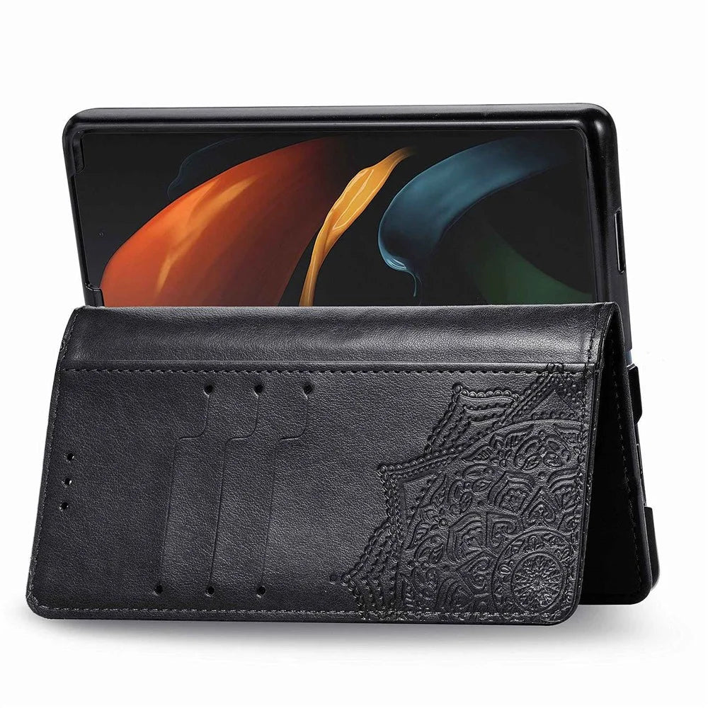 For Samsung Galaxy Z Fold4 5G Shockproof Flip Wallet Cover Embossed Mandala Pattern Folding Stand PU Leather Case with Hand Strap - Black - 4