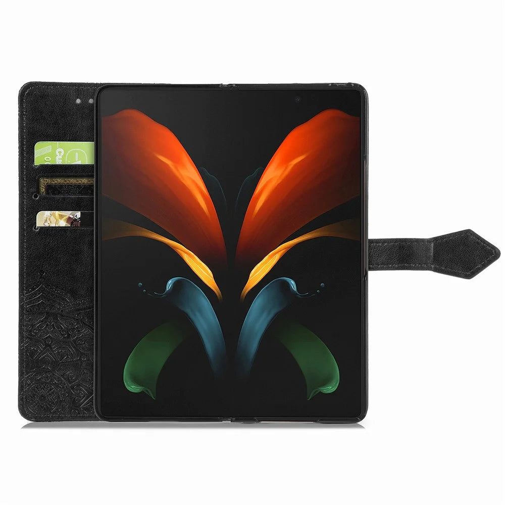 For Samsung Galaxy Z Fold4 5G Shockproof Flip Wallet Cover Embossed Mandala Pattern Folding Stand PU Leather Case with Hand Strap - Black - 5