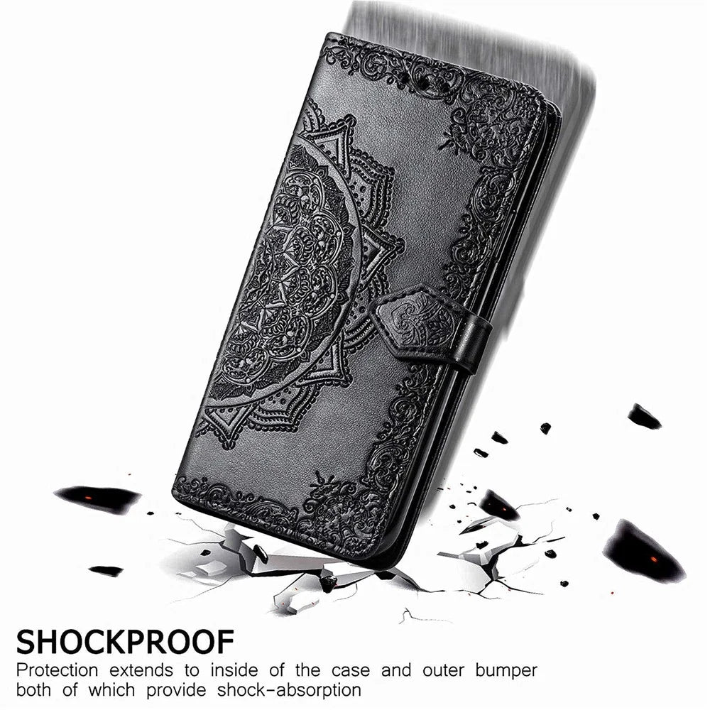 For Samsung Galaxy Z Fold4 5G Shockproof Flip Wallet Cover Embossed Mandala Pattern Folding Stand PU Leather Case with Hand Strap - Black - 6