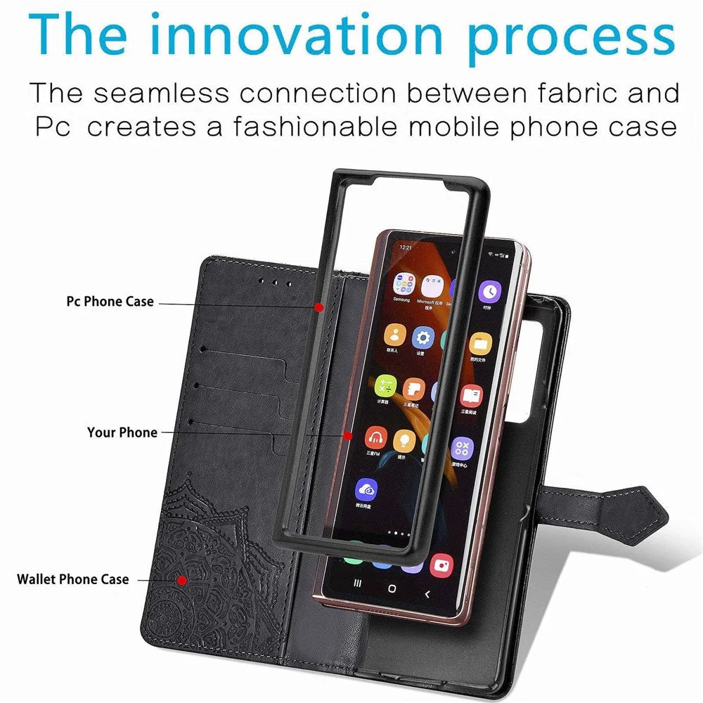 For Samsung Galaxy Z Fold4 5G Shockproof Flip Wallet Cover Embossed Mandala Pattern Folding Stand PU Leather Case with Hand Strap - Black - 7