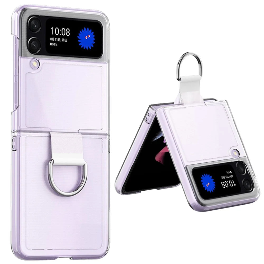 For Samsung Galaxy Z Flip4 5G Anti-scratch Phone Case with Ring Holder Clear PVC + PC + Metal Mobile Phone Back Cover - 1