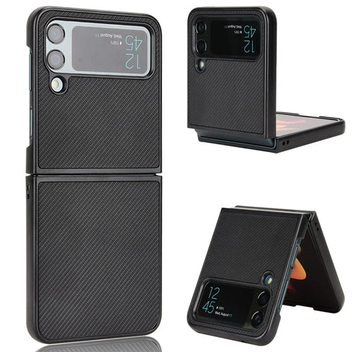 For Samsung Galaxy Z Flip4 5G Anti-scratch Phone Cover Carbon Fiber Texture PU Leather Coated PC Cell Phone Case - Black - 1