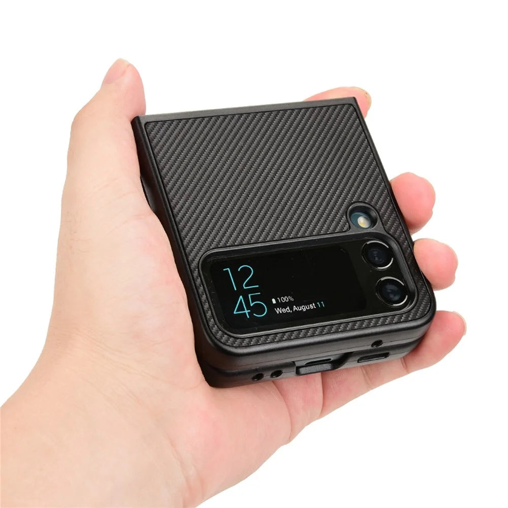 For Samsung Galaxy Z Flip4 5G Anti-scratch Phone Cover Carbon Fiber Texture PU Leather Coated PC Cell Phone Case - Black - 5