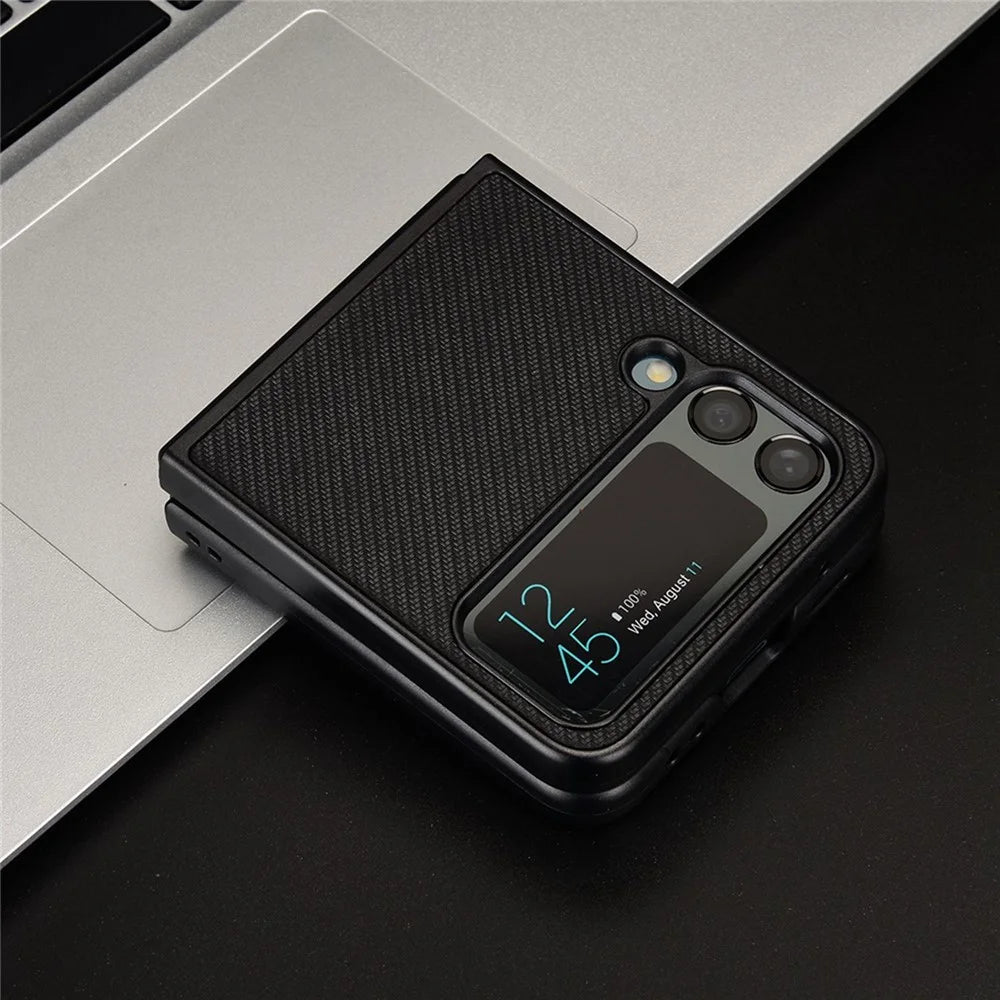 For Samsung Galaxy Z Flip4 5G Anti-scratch Phone Cover Carbon Fiber Texture PU Leather Coated PC Cell Phone Case - Black - 6