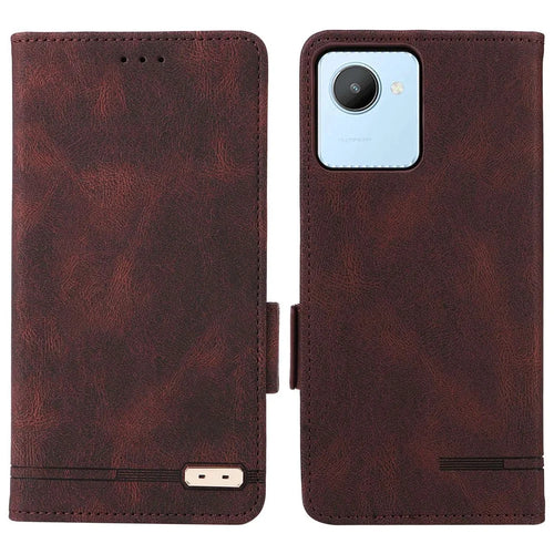 For Realme C30 4G Hardware Decor Cell Phone Case PU Leather Wallet Stand Shockproof Well-protected Shell - Coffee - 1