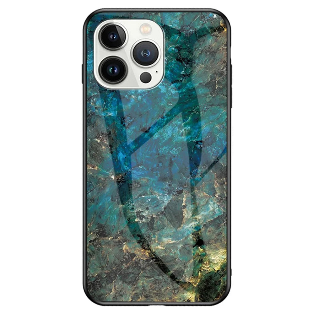 For iPhone 14 Pro Max 6.7 inch Drop-proof Phone Case Marble Pattern Tempered Glass + PC + TPU Hybrid Cover - Emerald Marble - 1