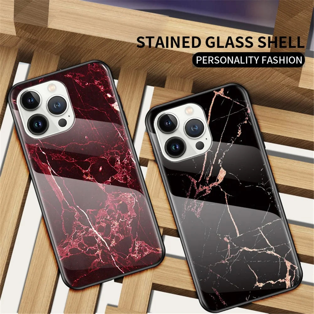 For iPhone 14 Pro Max 6.7 inch Drop-proof Phone Case Marble Pattern Tempered Glass + PC + TPU Hybrid Cover - Emerald Marble - 3