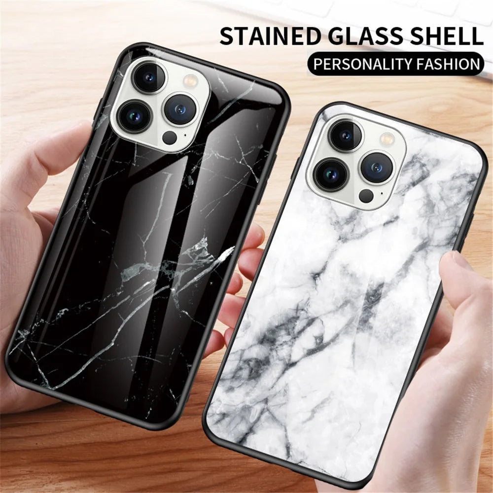 For iPhone 14 Pro Max 6.7 inch Drop-proof Phone Case Marble Pattern Tempered Glass + PC + TPU Hybrid Cover - Emerald Marble - 4