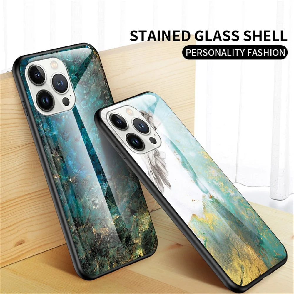 For iPhone 14 Pro Max 6.7 inch Drop-proof Phone Case Marble Pattern Tempered Glass + PC + TPU Hybrid Cover - Emerald Marble - 5