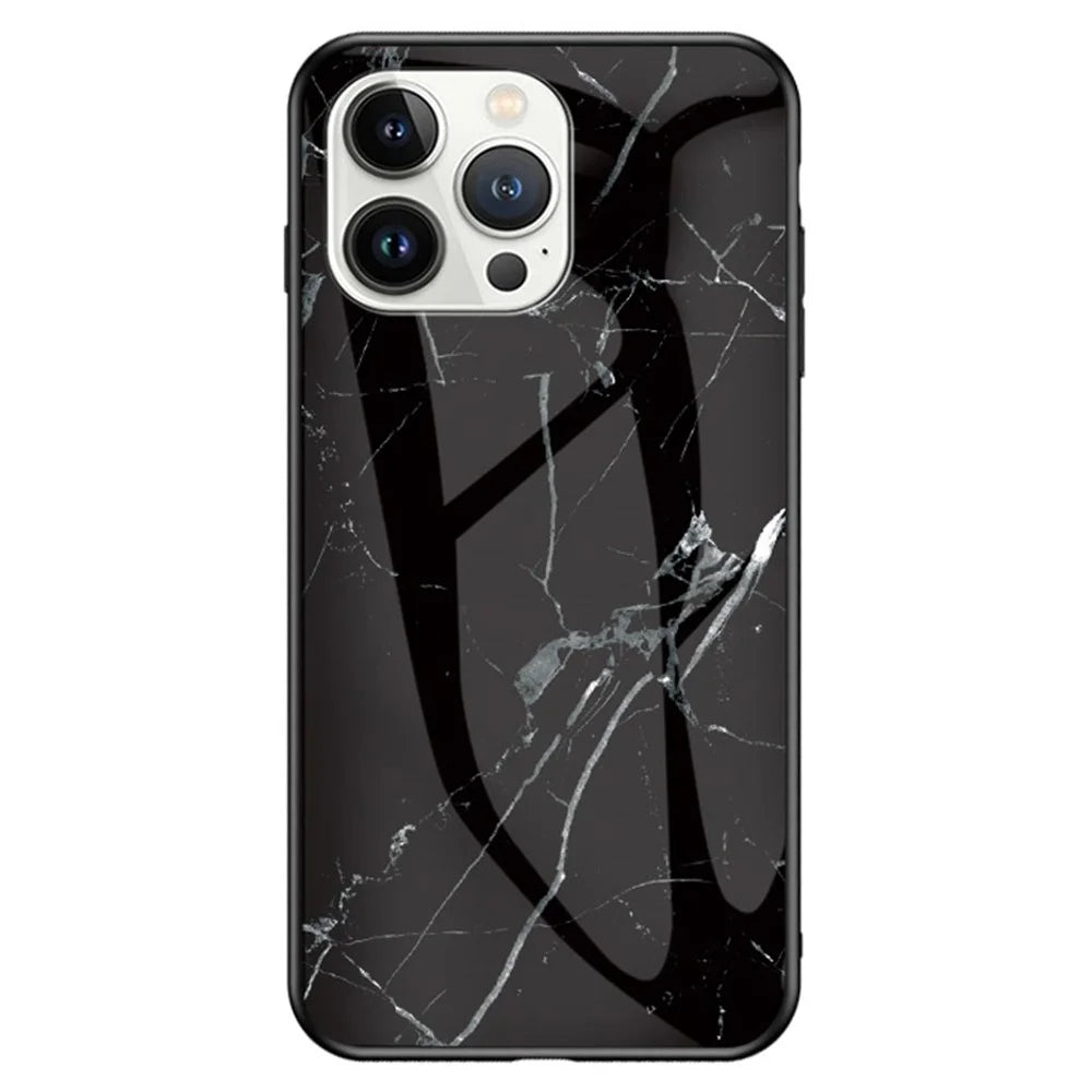 For iPhone 14 Pro 6.1 inch Anti-scratch Phone Back Cover Marble Pattern Shockproof Tempered Glass + PC + TPU Hybrid Case - Black Marble - 1