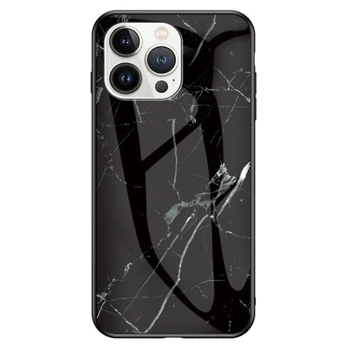 For iPhone 14 Pro 6.1 inch Anti-scratch Phone Back Cover Marble Pattern Shockproof Tempered Glass + PC + TPU Hybrid Case - Black Marble - 1