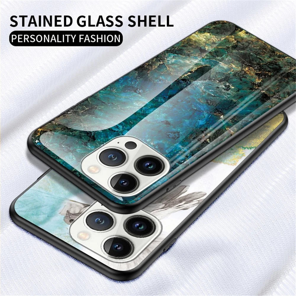 For iPhone 14 Pro 6.1 inch Anti-scratch Phone Back Cover Marble Pattern Shockproof Tempered Glass + PC + TPU Hybrid Case - Black Marble - 2