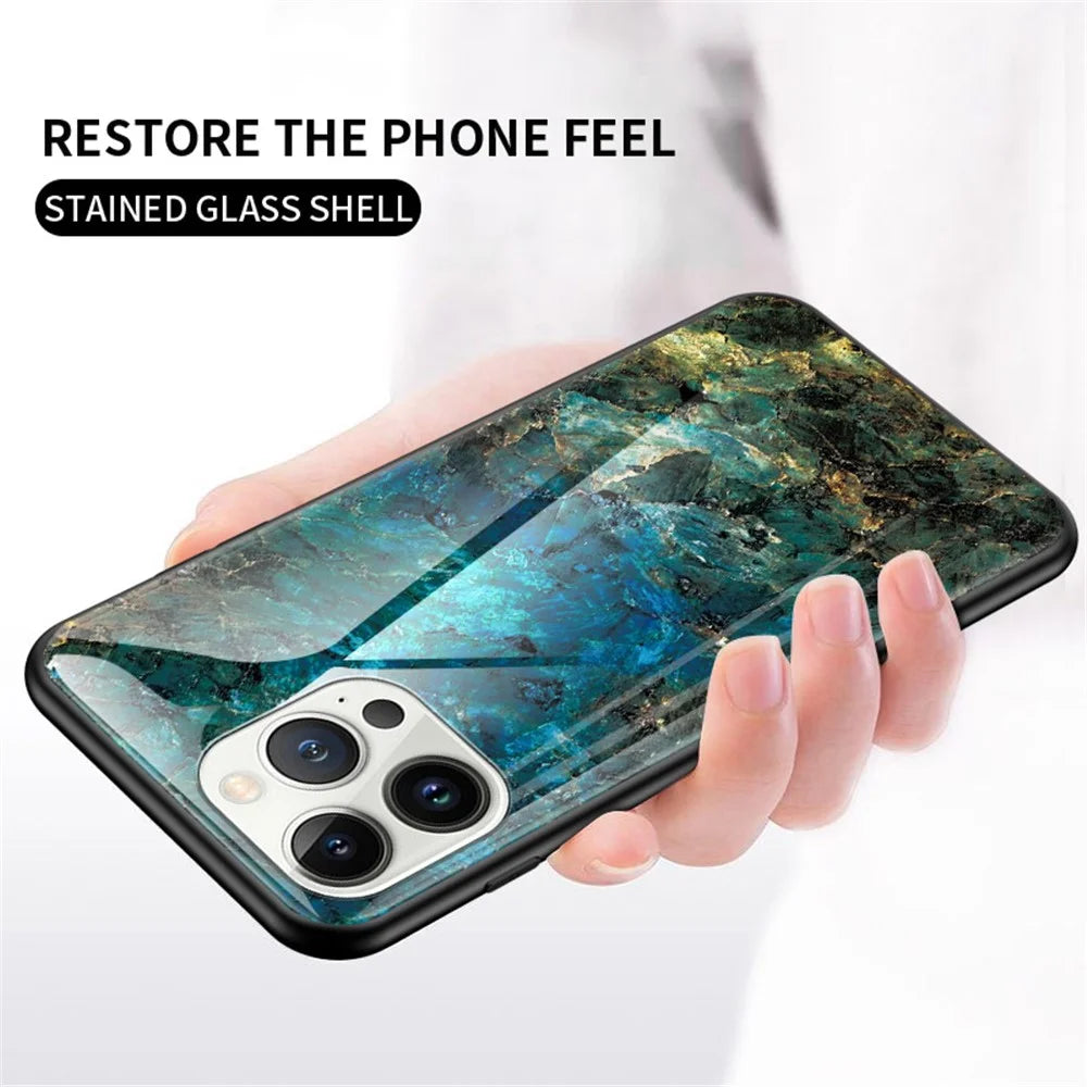 For iPhone 14 Pro 6.1 inch Anti-scratch Phone Back Cover Marble Pattern Shockproof Tempered Glass + PC + TPU Hybrid Case - Black Marble - 6