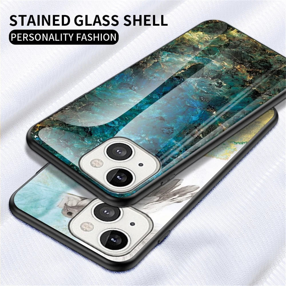 For iPhone 14 6.1 inch Marble Pattern Shockproof Tempered Glass + PC + TPU Hybrid Cover Back Case - Emerald Marble - 2