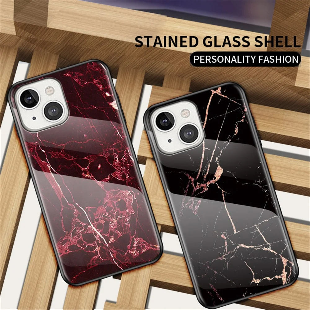 For iPhone 14 6.1 inch Marble Pattern Shockproof Tempered Glass + PC + TPU Hybrid Cover Back Case - Emerald Marble - 3