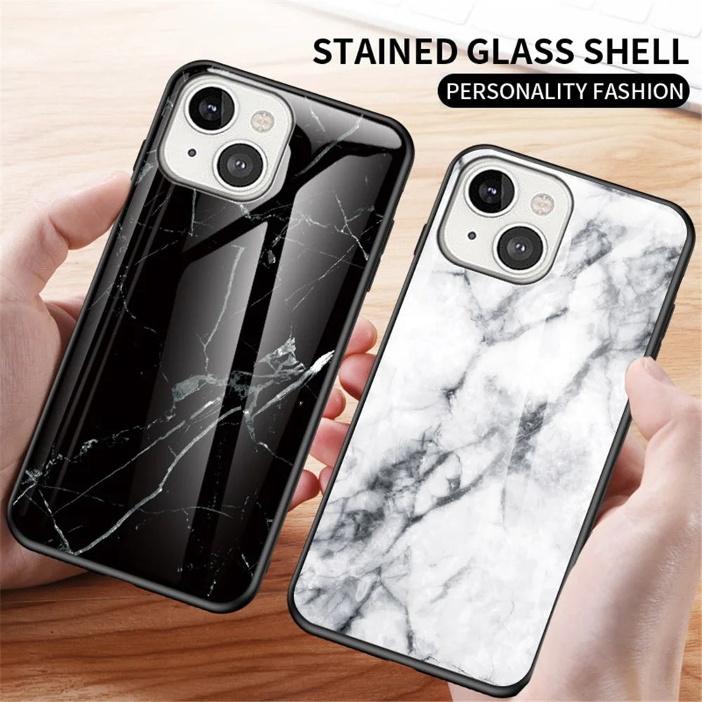 For iPhone 14 6.1 inch Marble Pattern Shockproof Tempered Glass + PC + TPU Hybrid Cover Back Case - Emerald Marble - 4