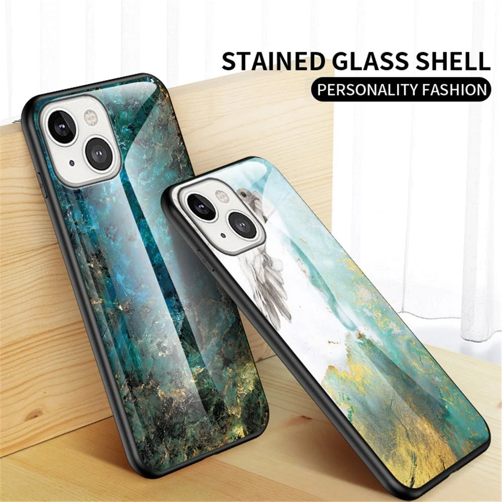For iPhone 14 6.1 inch Marble Pattern Shockproof Tempered Glass + PC + TPU Hybrid Cover Back Case - Emerald Marble - 5