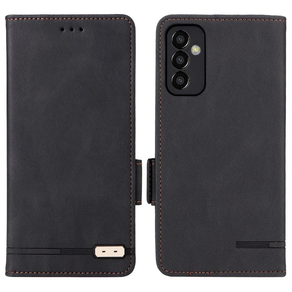 For Samsung Galaxy M13 4G Hardware Decor Phone Case PU Leather Wallet Folio Flip Stand Protective Cover - Black - 1