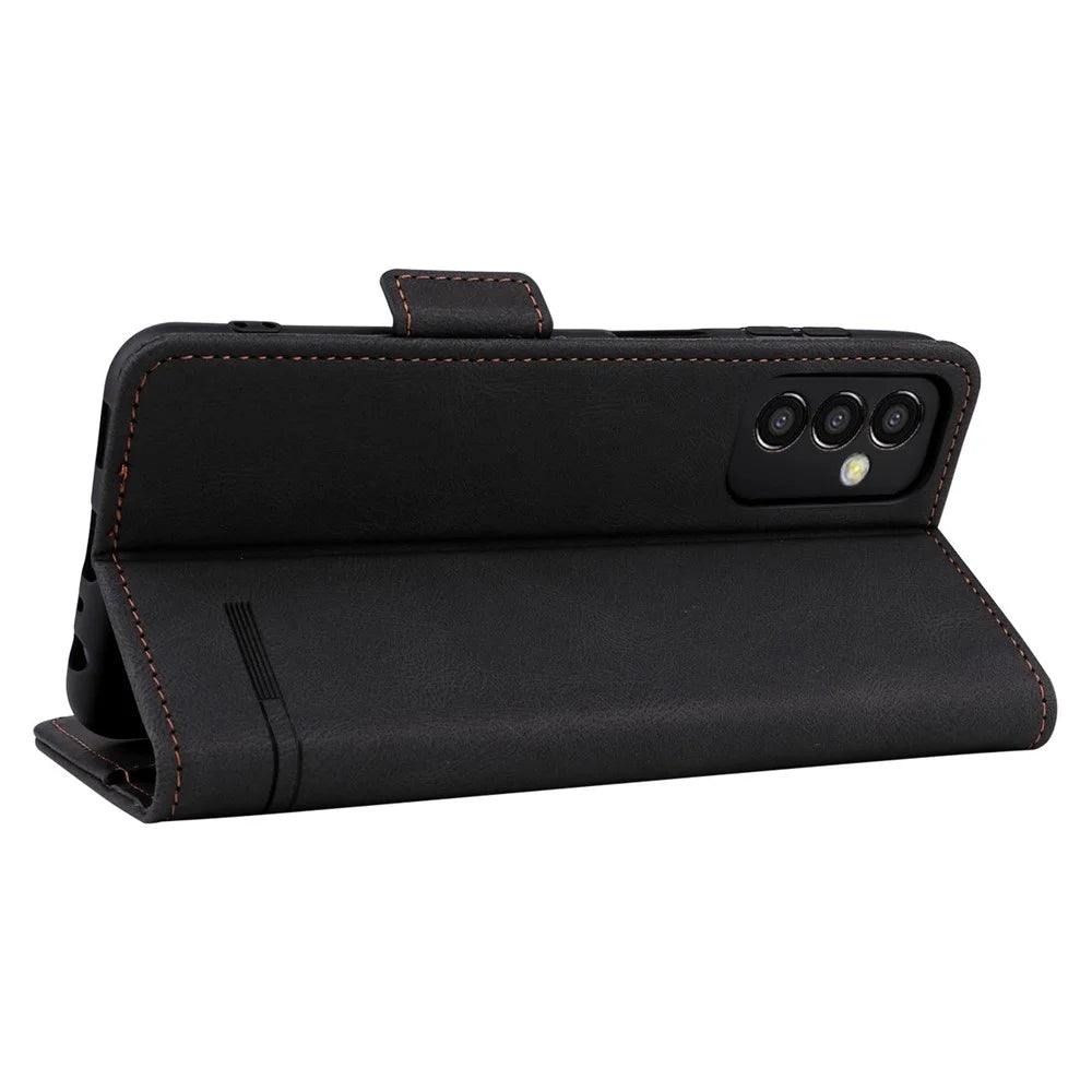 For Samsung Galaxy M13 4G Hardware Decor Phone Case PU Leather Wallet Folio Flip Stand Protective Cover - Black - 4