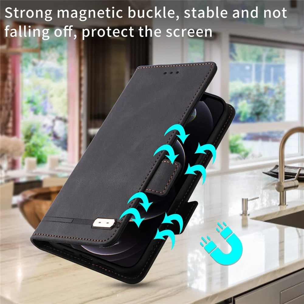 For Samsung Galaxy M13 4G Hardware Decor Phone Case PU Leather Wallet Folio Flip Stand Protective Cover - Black - 6