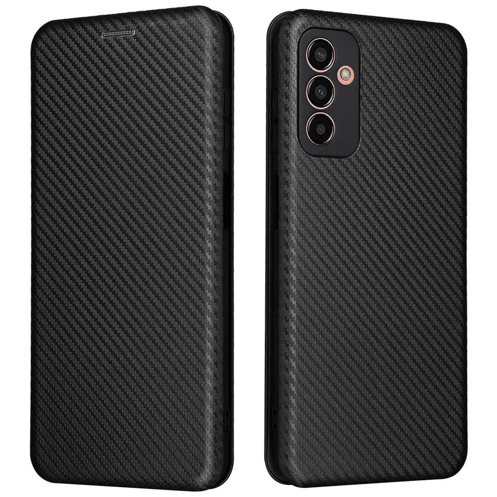 For Samsung Galaxy M13 4G Card Holder Phone Case Carbon Fiber Texture PU Leather Protective Cover with Stand - Black - 1