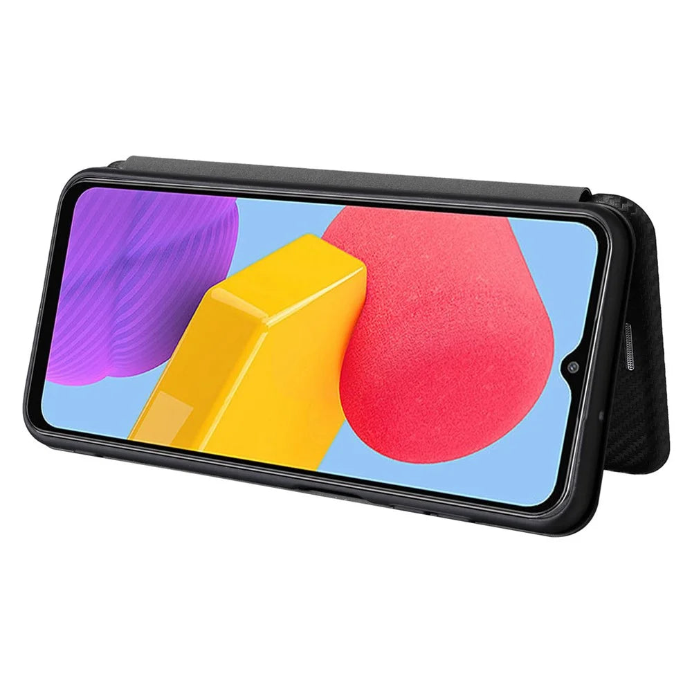 For Samsung Galaxy M13 4G Card Holder Phone Case Carbon Fiber Texture PU Leather Protective Cover with Stand - Black - 3