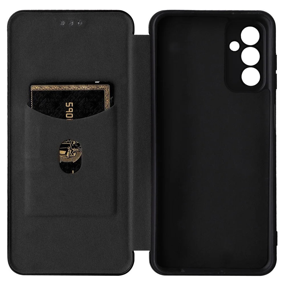 For Samsung Galaxy M13 4G Card Holder Phone Case Carbon Fiber Texture PU Leather Protective Cover with Stand - Black - 5