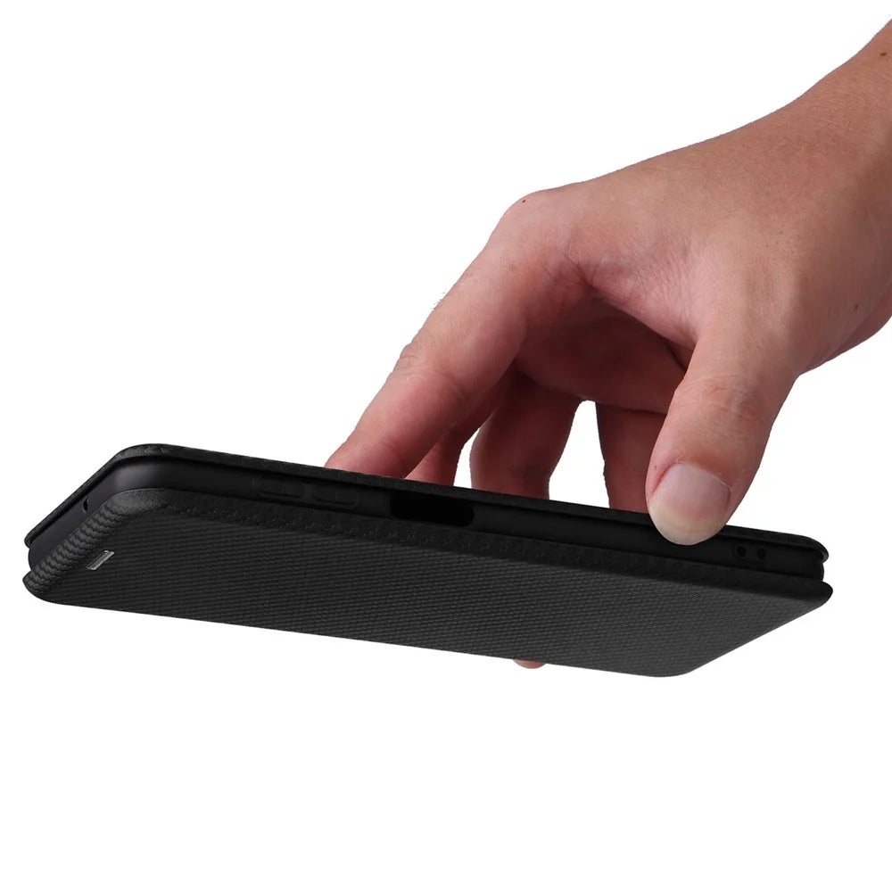 For Samsung Galaxy M13 4G Card Holder Phone Case Carbon Fiber Texture PU Leather Protective Cover with Stand - Black - 6