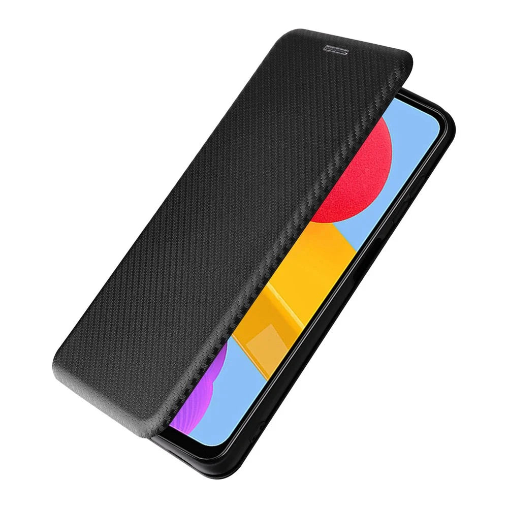 For Samsung Galaxy M13 4G Card Holder Phone Case Carbon Fiber Texture PU Leather Protective Cover with Stand - Black - 7
