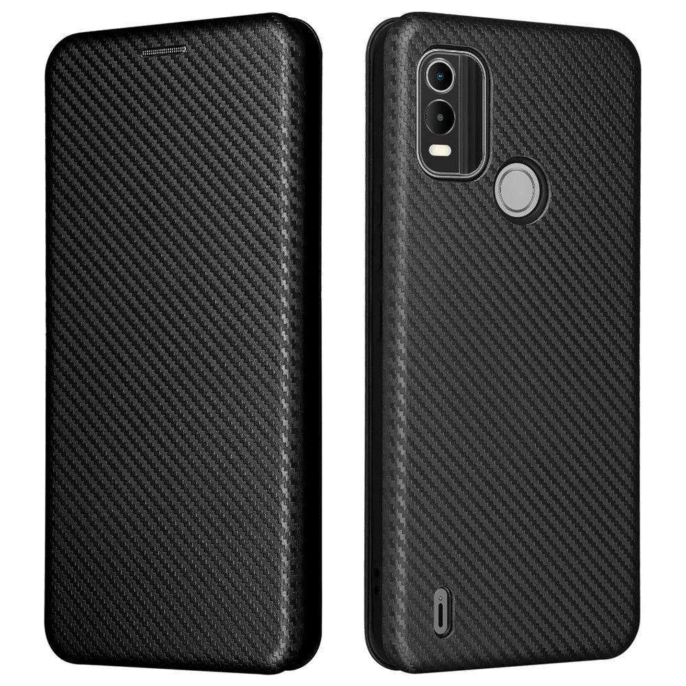 For Nokia C21 Plus 4G Carbon Fiber Texture PU Leather Card Holder Cover Phone Stand Case - Black - 1