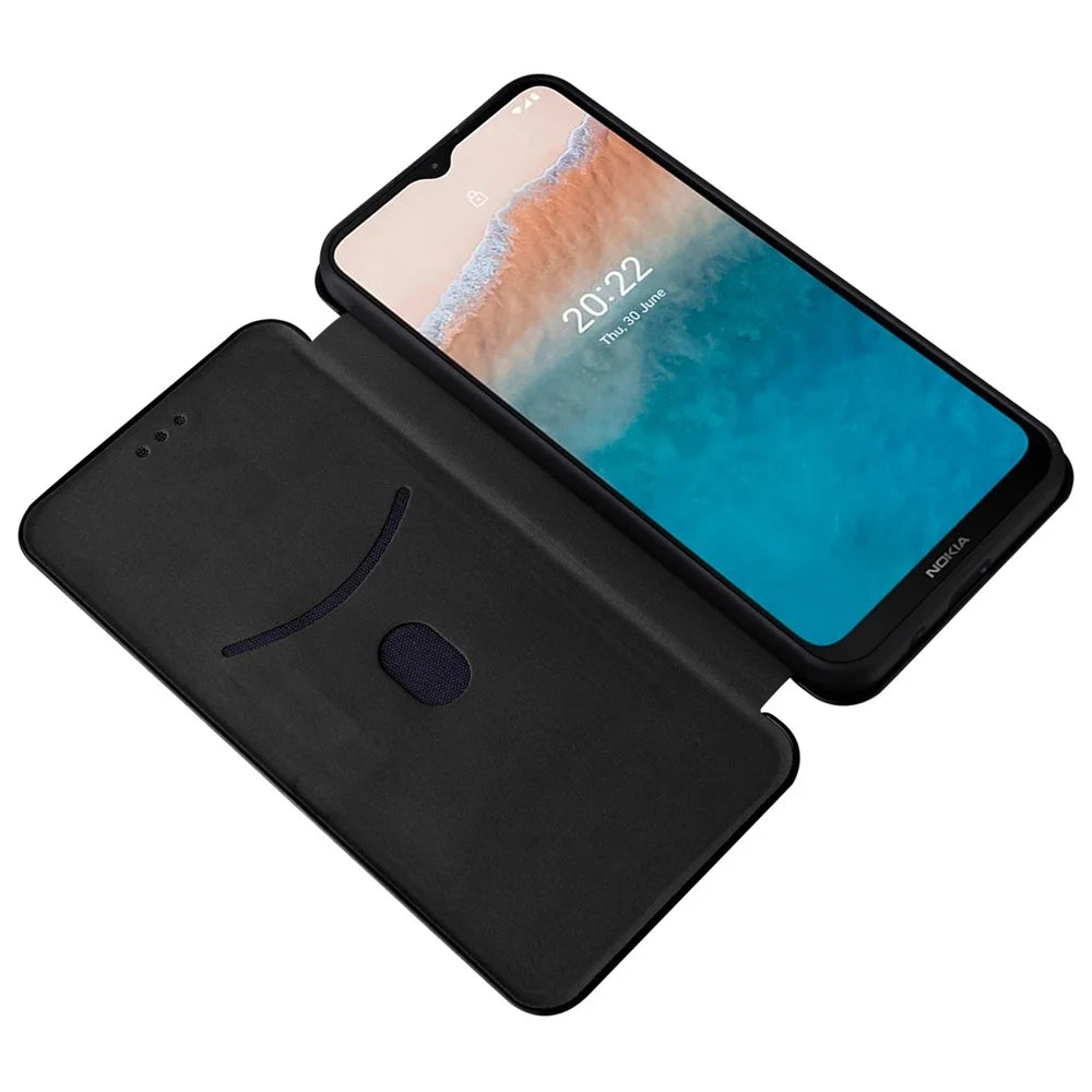 For Nokia C21 Plus 4G Carbon Fiber Texture PU Leather Card Holder Cover Phone Stand Case - Black - 2