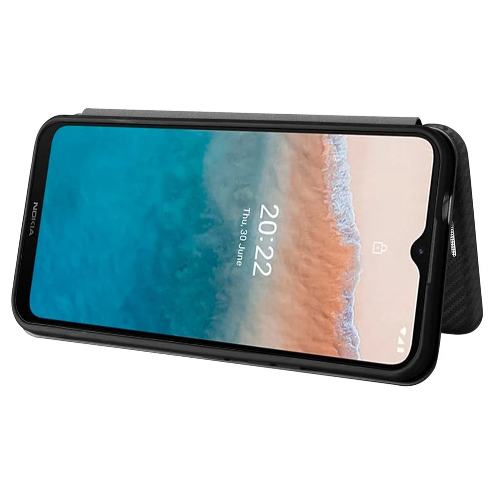 For Nokia C21 Plus 4G Carbon Fiber Texture PU Leather Card Holder Cover Phone Stand Case - Black - 3