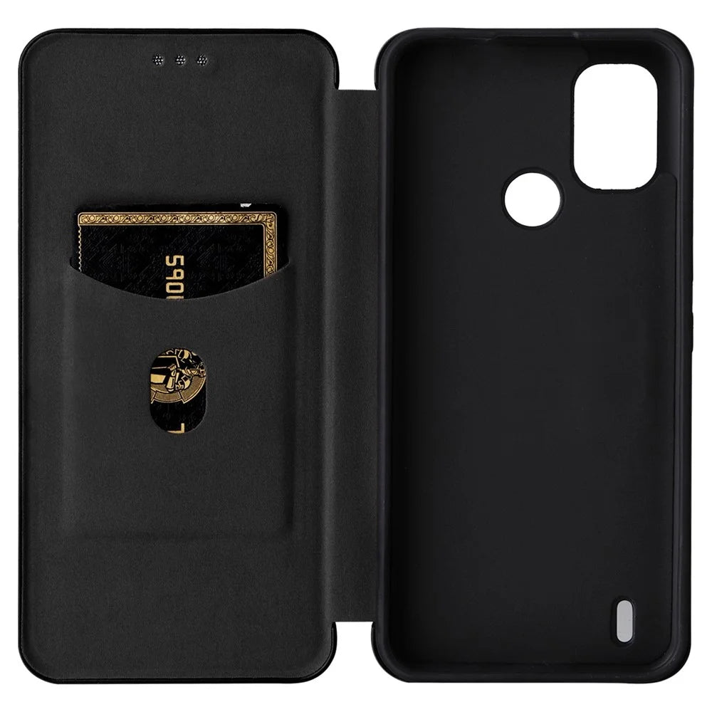 For Nokia C21 Plus 4G Carbon Fiber Texture PU Leather Card Holder Cover Phone Stand Case - Black - 5