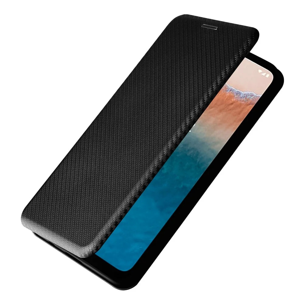 For Nokia C21 Plus 4G Carbon Fiber Texture PU Leather Card Holder Cover Phone Stand Case - Black - 7