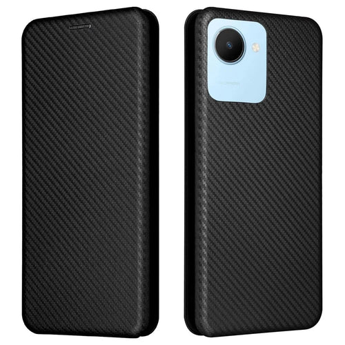 For Realme C30 4G Magnetic Auto Closing Carbon Fiber Texture Phone Case PU Leather Card Holder Cover with Ring Stand - Black - 1