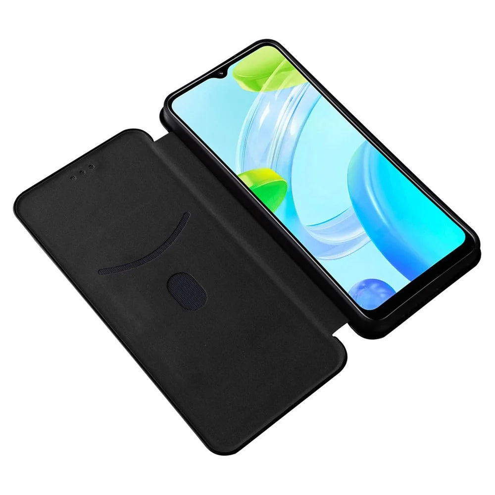 For Realme C30 4G Magnetic Auto Closing Carbon Fiber Texture Phone Case PU Leather Card Holder Cover with Ring Stand - Black - 2