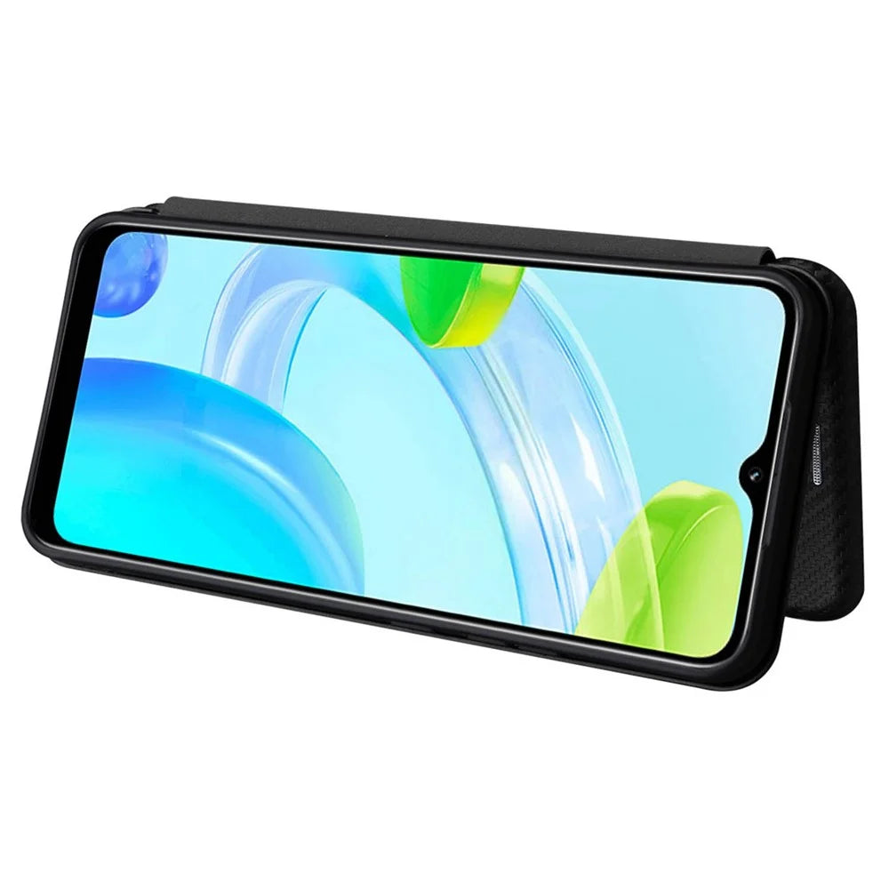 For Realme C30 4G Magnetic Auto Closing Carbon Fiber Texture Phone Case PU Leather Card Holder Cover with Ring Stand - Black - 3