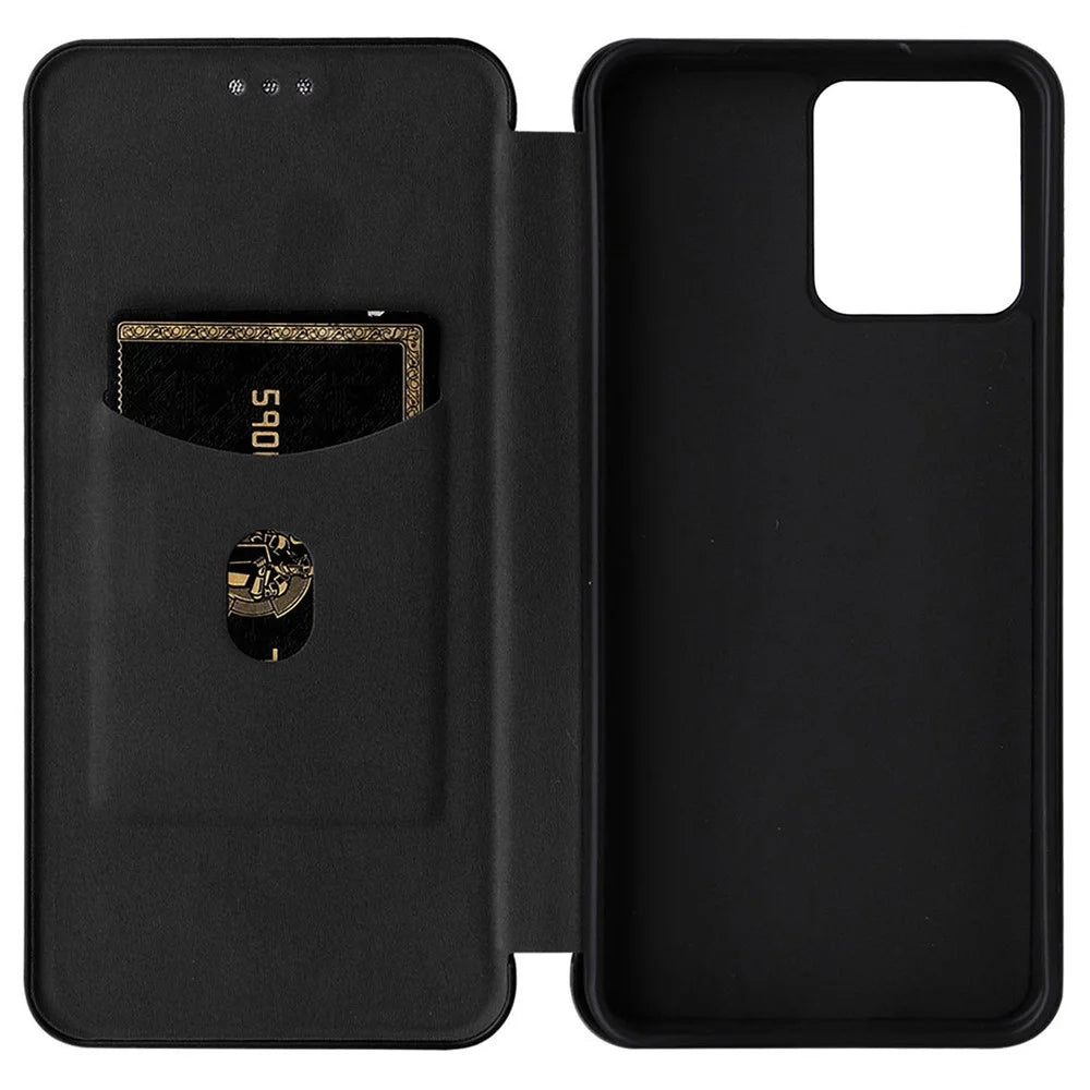 For Realme C30 4G Magnetic Auto Closing Carbon Fiber Texture Phone Case PU Leather Card Holder Cover with Ring Stand - Black - 5