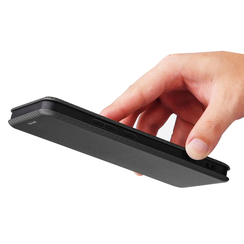 For Realme C30 4G Magnetic Auto Closing Carbon Fiber Texture Phone Case PU Leather Card Holder Cover with Ring Stand - Black - 6
