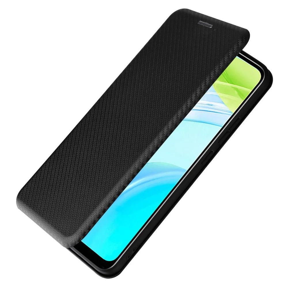 For Realme C30 4G Magnetic Auto Closing Carbon Fiber Texture Phone Case PU Leather Card Holder Cover with Ring Stand - Black - 7