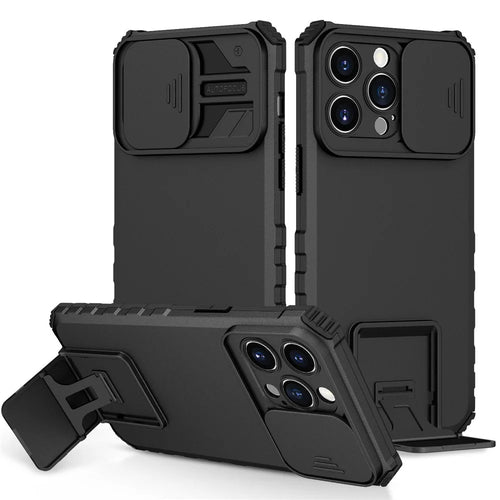 For iPhone 14 Pro Max 6.7 inch Slide Camera Protection Cell Phone Shell Kickstand PC + TPU Hybrid Cover Phone Case - Black - 1