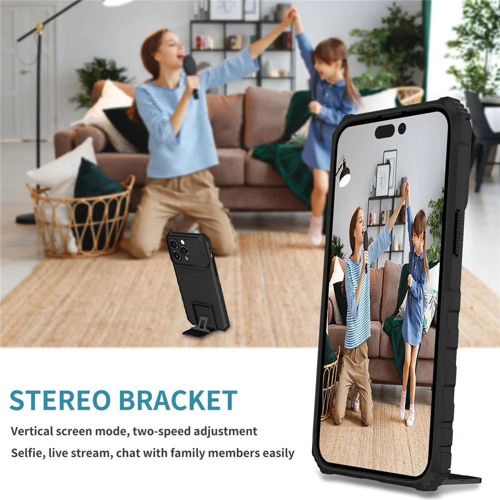 For iPhone 14 Pro Max 6.7 inch Slide Camera Protection Cell Phone Shell Kickstand PC + TPU Hybrid Cover Phone Case - Black - 5