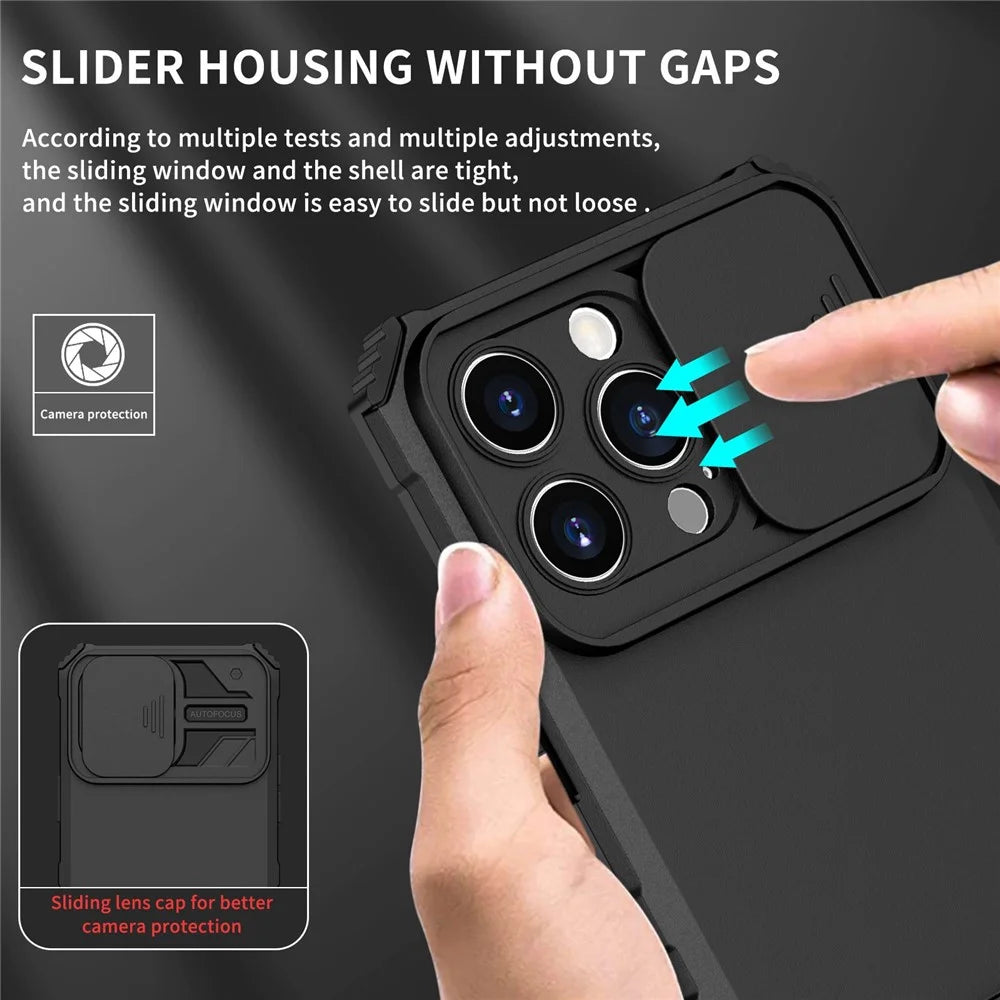 For iPhone 14 Pro Max 6.7 inch Slide Camera Protection Cell Phone Shell Kickstand PC + TPU Hybrid Cover Phone Case - Black - 6