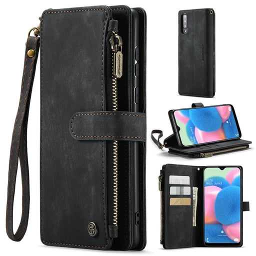 For Samsung Galaxy A30s / A50s / A50 Phone Cases with Strap CASEME C30 Zipper Multiple Card Holder PU Leather Cover - Black - 1