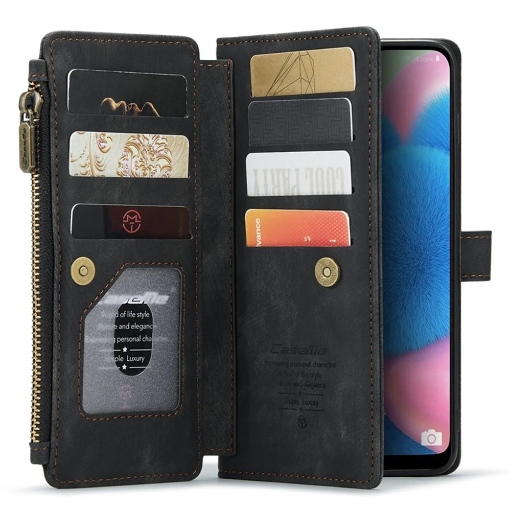 For Samsung Galaxy A30s / A50s / A50 Phone Cases with Strap CASEME C30 Zipper Multiple Card Holder PU Leather Cover - Black - 3