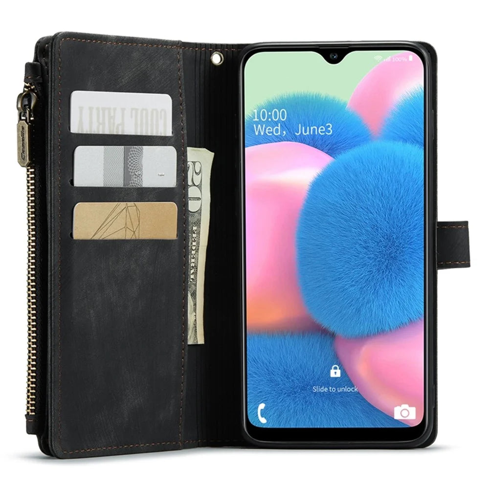 For Samsung Galaxy A30s / A50s / A50 Phone Cases with Strap CASEME C30 Zipper Multiple Card Holder PU Leather Cover - Black - 4